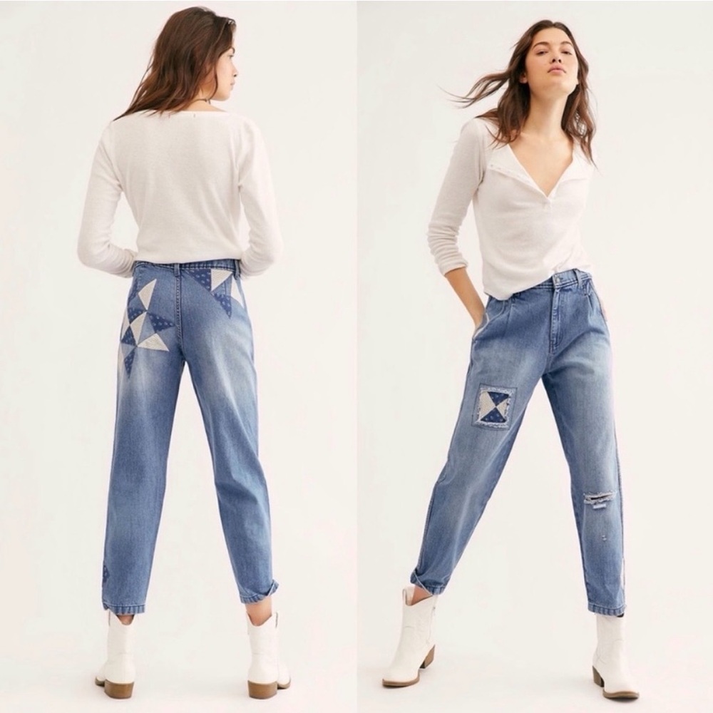 Free People We The Free Down to Earth Patchwork Straight Leg Tapered Boho Jeans